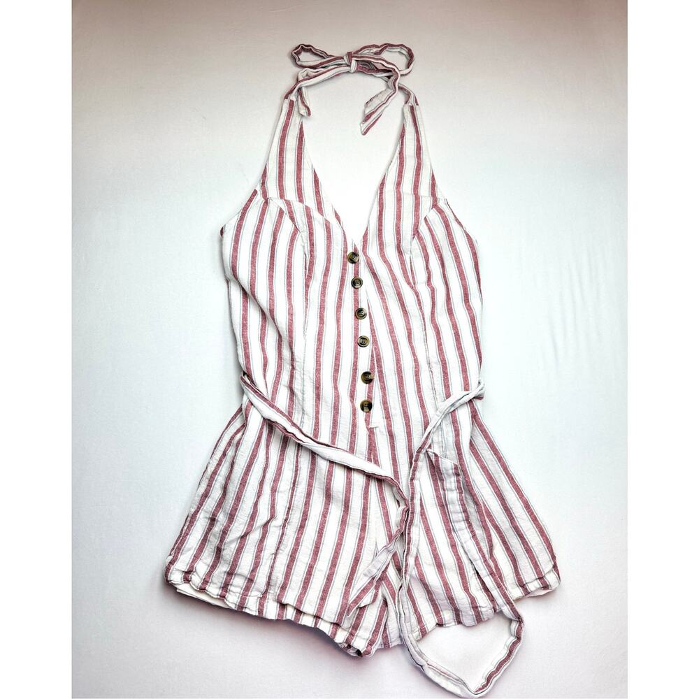 NWOT American Eagle Linen Cotton Blend Striped Halter Romper Red White Medium